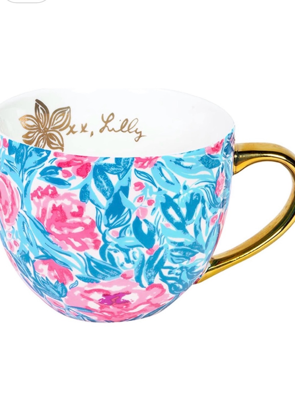 Lilly Pulitzer Pink and Blue Floral Ceramic Cup with Gold Handle